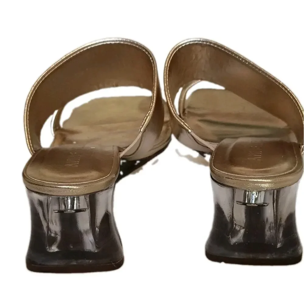Anne Klein Rybaia Gold Metallic Clear Wedge Sandals Mules Sz 8.5M Brazil